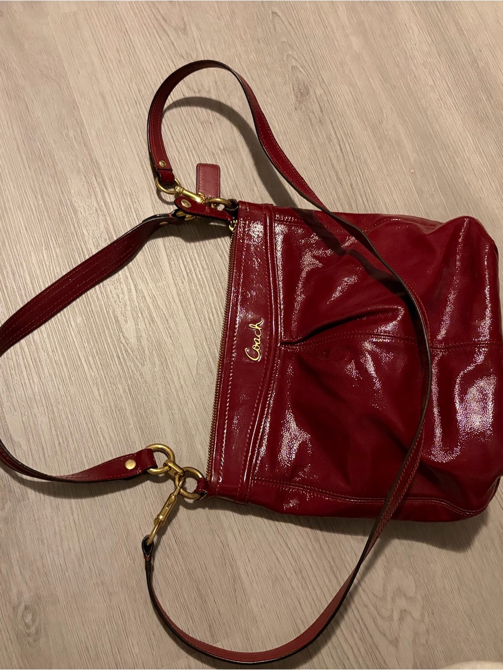 Coach Red Patent Leather Hobo Shoulder Bag with Gold Hardware